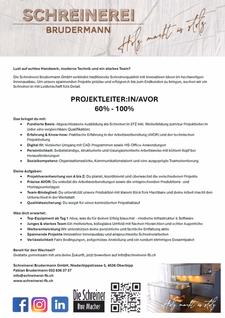 2026 Foto Stelleninserat AVOR Schreinerei Brudermann